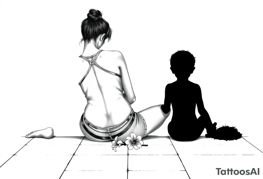 a tile floor with a realistic silhouette of the back of a thin woman sitting curled on the tile floor and a black silhouette of a young child sitting next to her with a lily next to them on the floor. The woman is wearing a Racerback tank top, running shorts, has dark hair pulled up high, and her head is down. tattoo idea