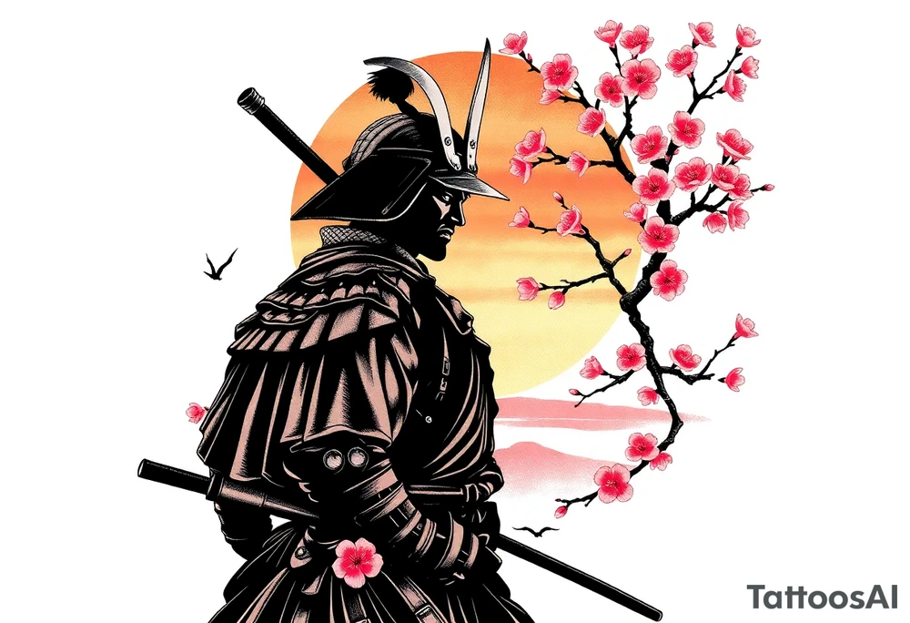 noble samurai warrior silhouette at sunset with cherry blossoms tattoo idea