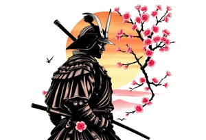 noble samurai warrior silhouette at sunset with cherry blossoms tattoo idea
