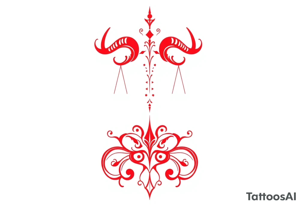 Tattoo that combines the star sign Taurus and Libra ,in red , down the spine tattoo idea