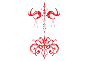 Tattoo that combines the star sign Taurus and Libra ,in red , down the spine tattoo idea