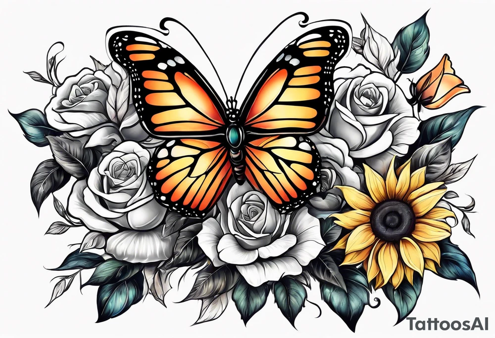 animal butterfly , flower rose, sunflower, tattoo idea