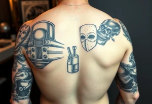Full arm sleave tattoo Casino, train, mask, whiskey, ciggerette, lighter, money tattoo idea
