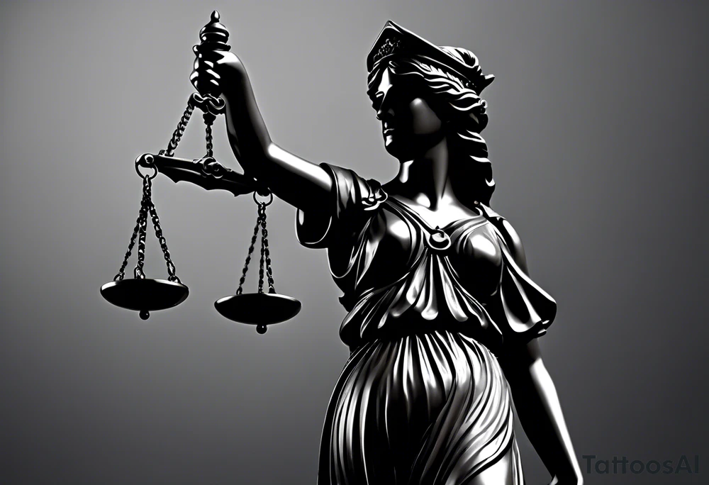 Lady Justice, 
Blindfold: Symbolizes impartiality, indicating that justice should be administered without bias, regardless of identity, wealth, power, or status.
Scales: Represent the weighing of evidence and arguments, ensuring a balanced and fair verdict.
Sword: Signifies the enforcement of justice and the authority to make decisions that can have powerful consequences.
In this depiction, Lady Justice is shown with black hair, which is a unique artistic choice compared to the more traditional representations. The scales, blindfold, and sword are all present, adhering to the classic iconography but with a modern and colorful twist. blue roses frames, background blue,present it in a tattoo tattoo idea