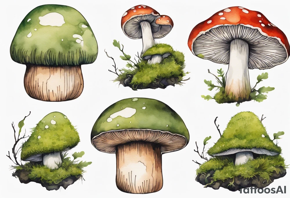 a mushroom with a moss beard drinking from a wood mug tattoo idea