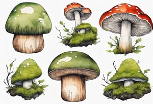 a mushroom with a moss beard drinking from a wood mug tattoo idea