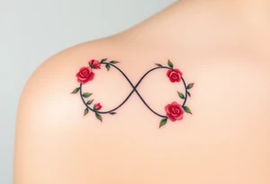 Full infinity symbol made out of vine banches with delicate roses, in soft red and green hues tattoo idea
