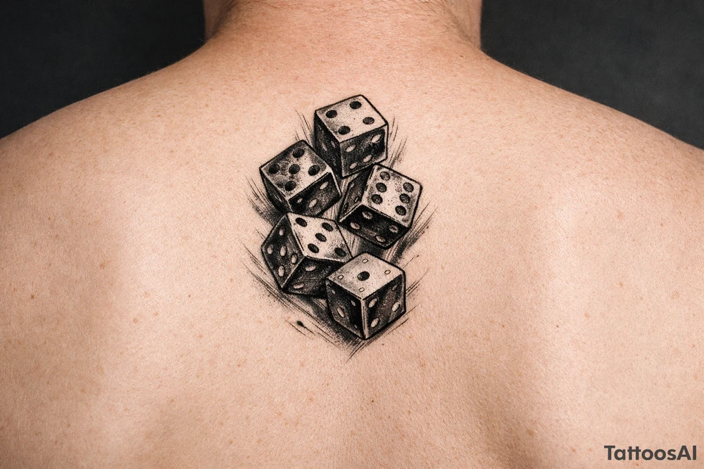 Five colorful dice tumbling mid-air, downward tattoo idea