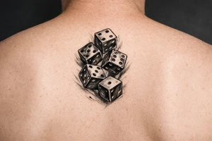 Five colorful dice tumbling mid-air, downward tattoo idea