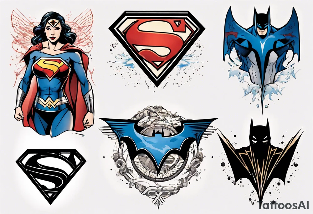 Superman, wonder woman and batman symbols elegantly combined tattoo idea