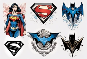 Superman, wonder woman and batman symbols elegantly combined tattoo idea