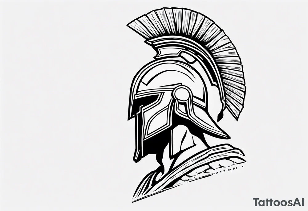 rectangular landscape format ultra-fine line linework vector of a spartan from the side, spartan spear, spartan shield, laurel wreath tattoo idea