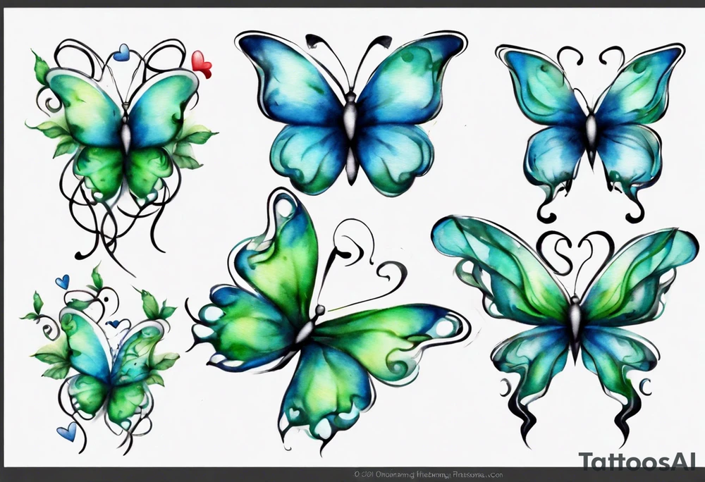 4 small blue and green butterflies, with 4 small 3D hearts, light in color, with some sort of vine intertwining them. tattoo idea