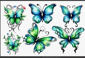 4 small blue and green butterflies, with 4 small 3D hearts, light in color, with some sort of vine intertwining them. tattoo idea