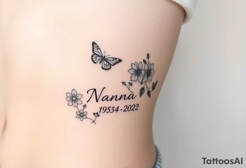 flowers and butterflies with the name “NANA” and the date “1954-2022” mixed all together on the side of the rib cage tattoo idea