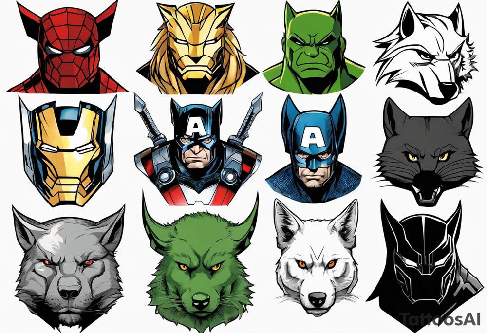 I want to change Avengers Team characters with animals. Hulk will be Badger, Thor will be Alpha Grey Wolf, Captain America will be Bull, Iron Man will be Canary, Black Widow will be Axolotl, Hawk Eye will be Sudan Plated Lizard and Nick Fury will be Cat. tattoo idea