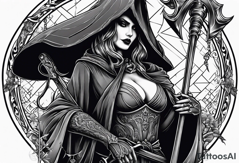 Lady grim reaper with
 scythe and skulls tattoo idea