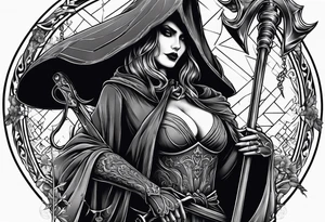 Lady grim reaper with
 scythe and skulls tattoo idea