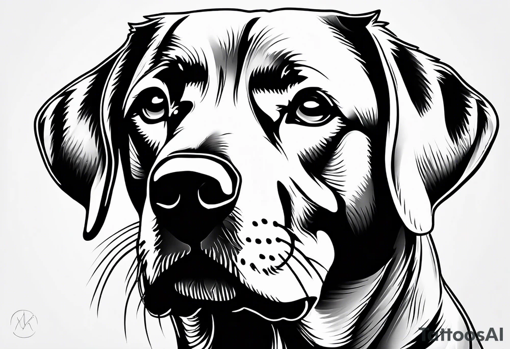 Generate a simple tattoo of a sitting Labrador Retriever, focusing on its friendly face and expressive eyes in a minimalist style tattoo idea