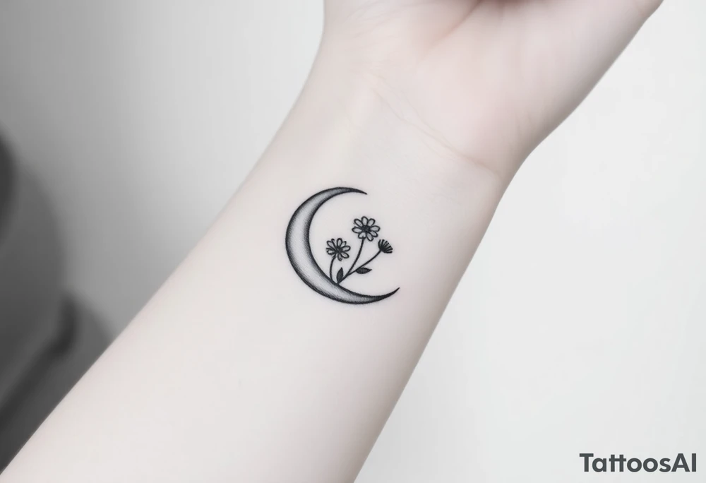 Small black and white tattoo waxing crescent moon with small Daisy birth flower and tiny Leo gliph tattoo idea