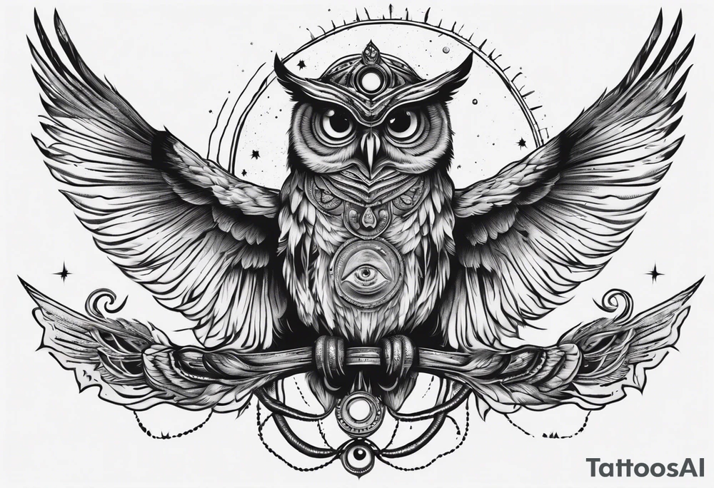 Wise Crowned Owl with the third eye flying towards the Dark Moon. tattoo idea Wise Crowned Owl with the third eye flying towards the Dark Moon. tattoo idea