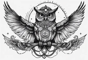 Wise Crowned Owl with the third eye flying towards the Dark Moon. tattoo idea