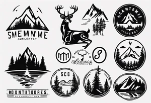 A logo for an outdoors company that includes an "S" and an "M". Includes a mountain, a lake, some trees, and a deer tattoo idea