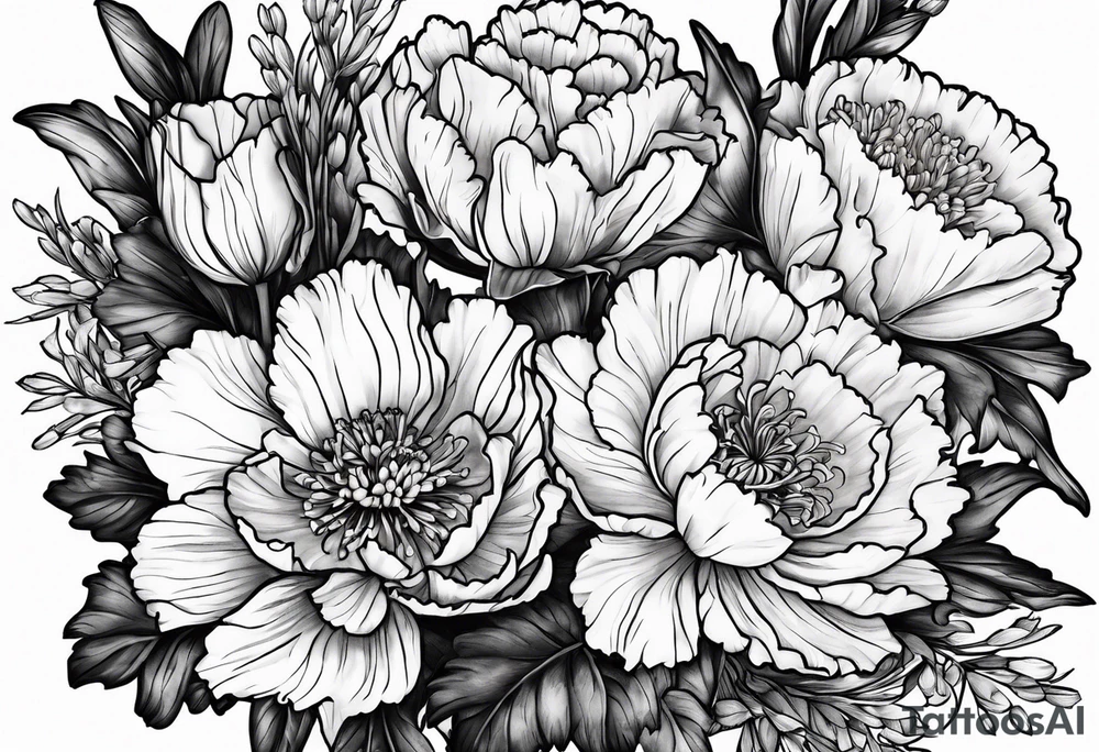 Carnations, aster, daffodil, poppy, hawthorn, water Lilly tattoo idea Carnations, aster, daffodil, poppy, hawthorn, water Lilly tattoo idea