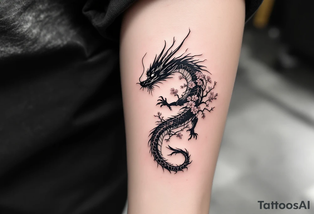 detailed dragon japanese style sakura trees abstract lines dark/rough aesthetic tattoo idea