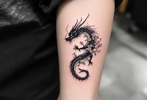 detailed dragon japanese style sakura trees abstract lines dark/rough aesthetic tattoo idea