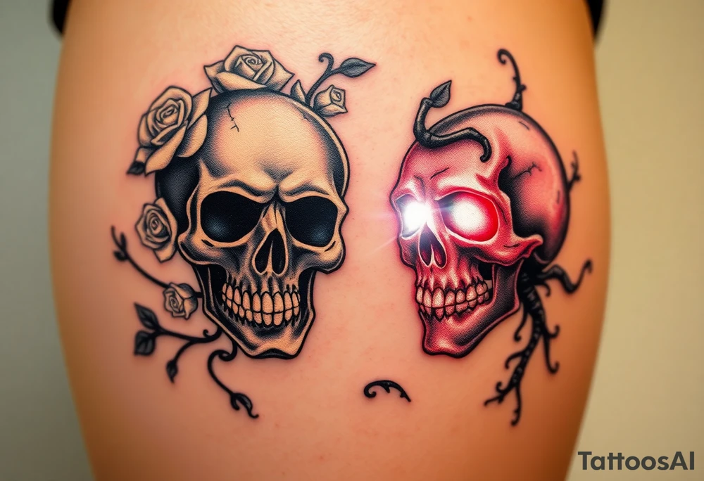 A bright, shining skull, with gentle white light emanating from the eyes and mouth, surrounded by white roses, opposed to a dark, evil skull, cracked and decaying, with red glowing eyes and blackened vines creeping around it. tattoo idea
