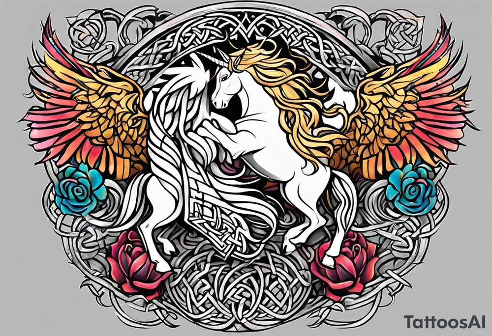celtic band for around an arm, incorporating the word love, a gryffin, a unicorn and a hare tattoo idea