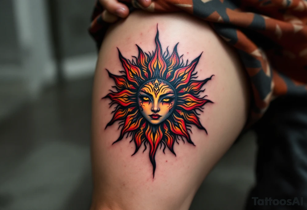 The fiery blend of red, yellow, and black in this Celtic sun tattoo creates a tribal blaze on the thigh. tattoo idea