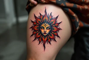 The fiery blend of red, yellow, and black in this Celtic sun tattoo creates a tribal blaze on the thigh. tattoo idea