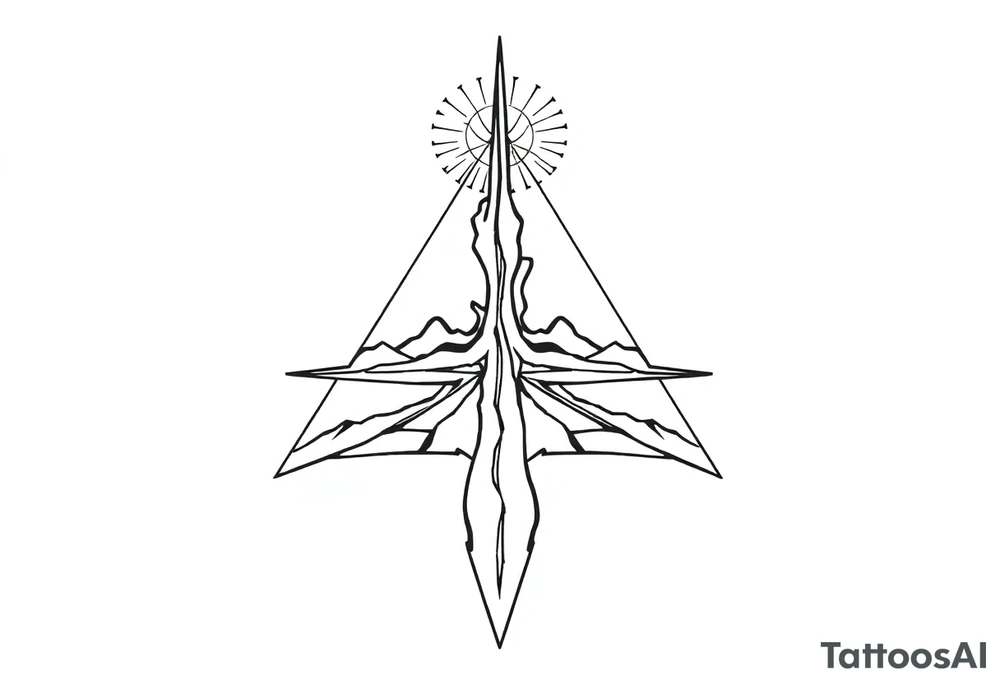 Five roads meet in the center but should be very psychedelic and trippy and should be geometric lines and simple in a triangular shape tattoo idea