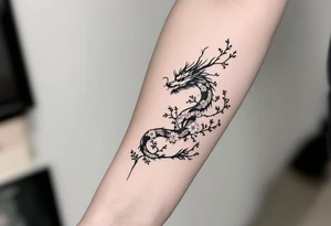 dragon japanese style sakura trees abstract lines dark/rough aesthetic tattoo idea