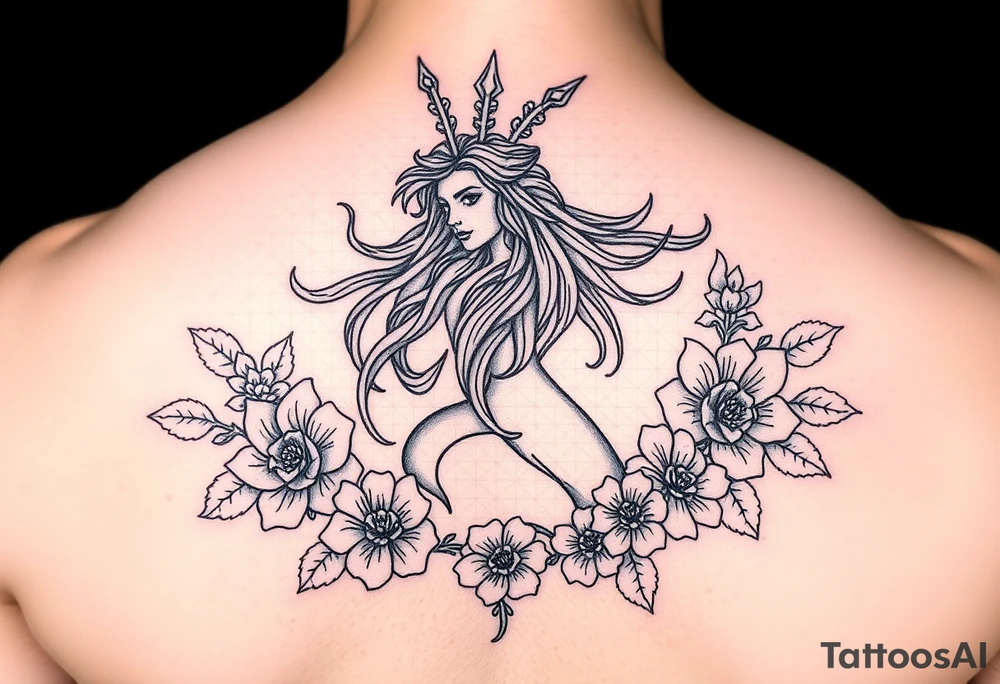 aquarius with floral design colored tattoo idea