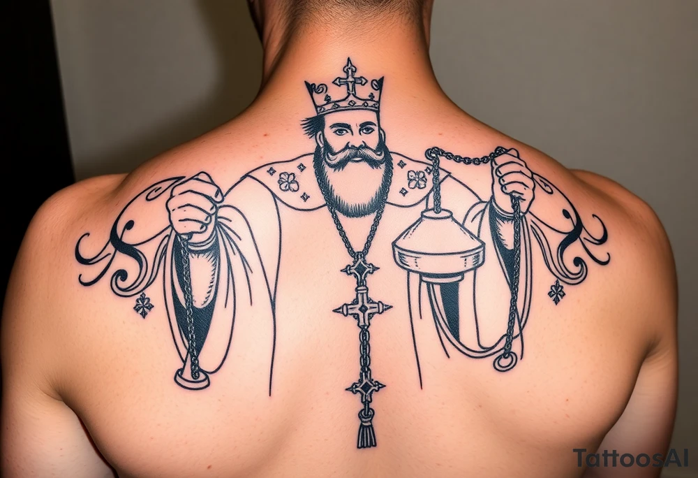 russian orthodox priest in a fully detailed garment swinging censer chains tattoo idea