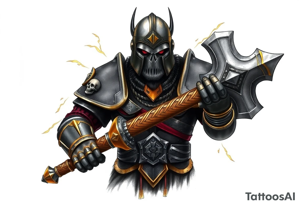 Warhammer, the Old World. A warrior priest of Sigmar holding "The Warhammer of Sigmar" or known as Ghal Maraz. The Warhammer of Sigmar is radiating thunderous energy. The warhammer is held by the warrior priest with both gripping hands at the shaft, upon his chest level. The Warrior priest is wearing dark alloyed heavy armour (reference armor from warhammer vermintide 2 Victor Saltzpyres, the warrior priest of Sigmar class) with skull sigils on his shoulder pads. The warrior priest is wearing a helmet, while the helmets front visor has an humanoid metal face covering. The helmet and armour are gladened with hints of gold and crimson red. The Warhammer is silverish and golden with a long shaft with twisted carvings. tattoo idea