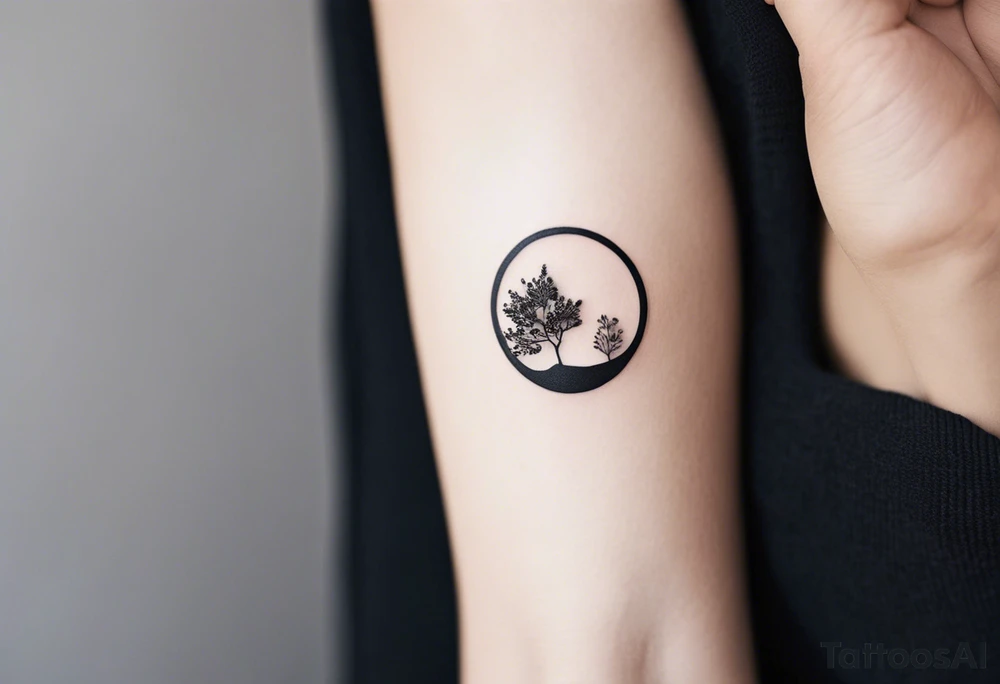 Here’s a description for the fourth idea:

	Minimalist black-and-white tattoo above the inner elbow, featuring an open circle with a small sprouting seed or budding plant inside, symbolizing new life and growth. From the seed, a fine, delicate lifeline extends outward, representing the journey of parent and child together. The design uses thin, clean lines for a simple, elegant, and symbolic look. tattoo idea