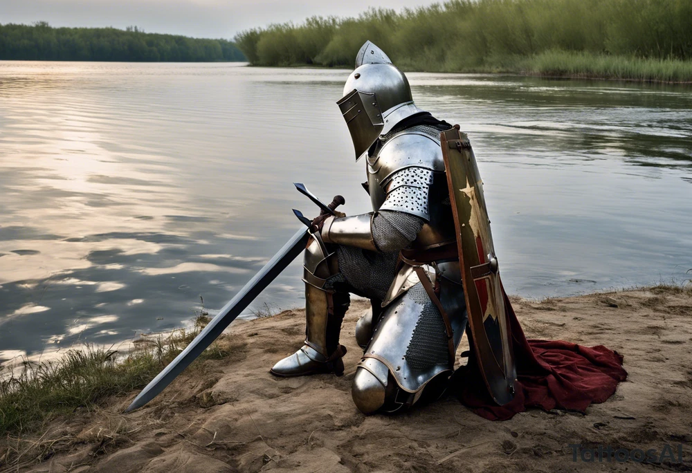 A knight in full armor, severely damaged, is kneeling at the edge of a calm river. His helmet is raised, revealing a face marked by fatigue, sweat, and dirt. His armor bears the traces of a fierce battle: scratches, dents, and dried blood stains. He holds his sword, embedded in the ground, and a battle-scarred shield rests beside him. The knight gazes at the water, finding a moment of respite in the tranquility of the surrounding landscape. tattoo idea