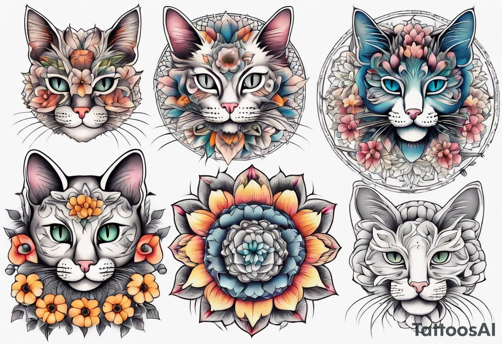Cat colored flowers Mandala tattoo idea