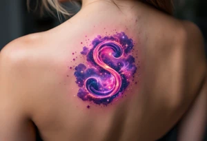 A cosmic nebula "S" in pinks and purples with stars and glowing dust clouds. tattoo idea