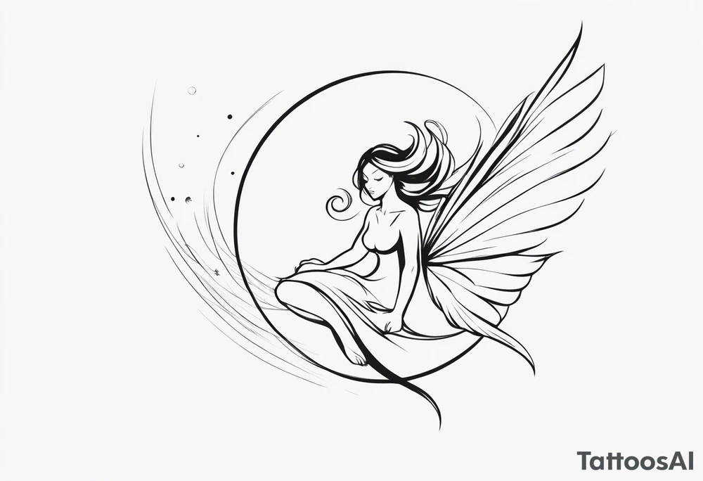 Minimalistic, monochromatic fairy with a tail flying to the left in a fetal position, leaning and looking in the same direction, with visible hands, embodying the 'Fairy Tail' logo aesthetic. tattoo idea
