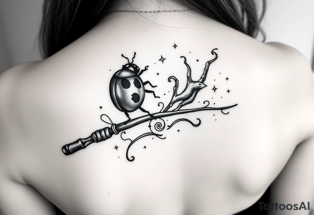 A ladybug getting out of hermione's magic wand like it was a spell. Magic dust all around the wand that looks almost smoky. I also want some small details around it that would make a piggyback on harry potter's movie like harry's glasses, a lightning, the golden snitch, etc... tattoo idea