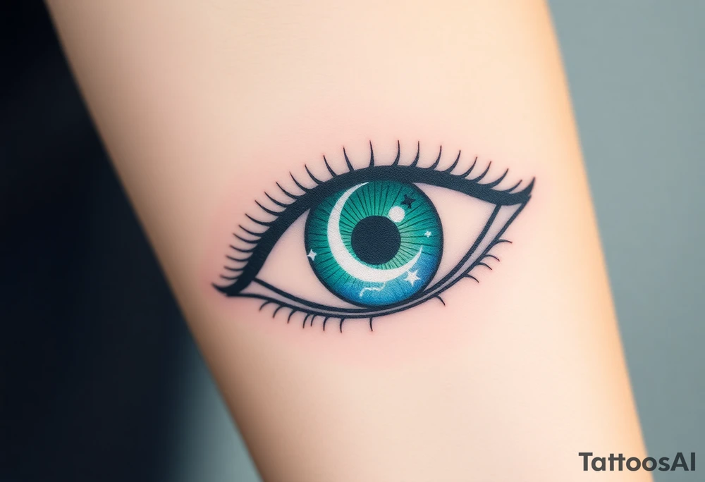 Large outline of an eye shaped like an almond with eye colored greenish blue with long pretty black eyelashes + spade inside of the eye + a crescent moon stars and clouds inside of the eyeball only + using vivid colors like blue green purple light blue light green light purple tattoo idea