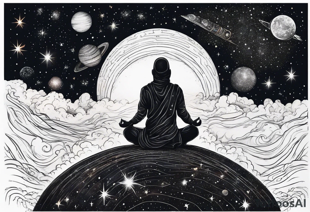 faceless human meditating in space among the stars and blackholes tattoo idea