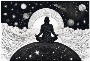 faceless human meditating in space among the stars and blackholes tattoo idea