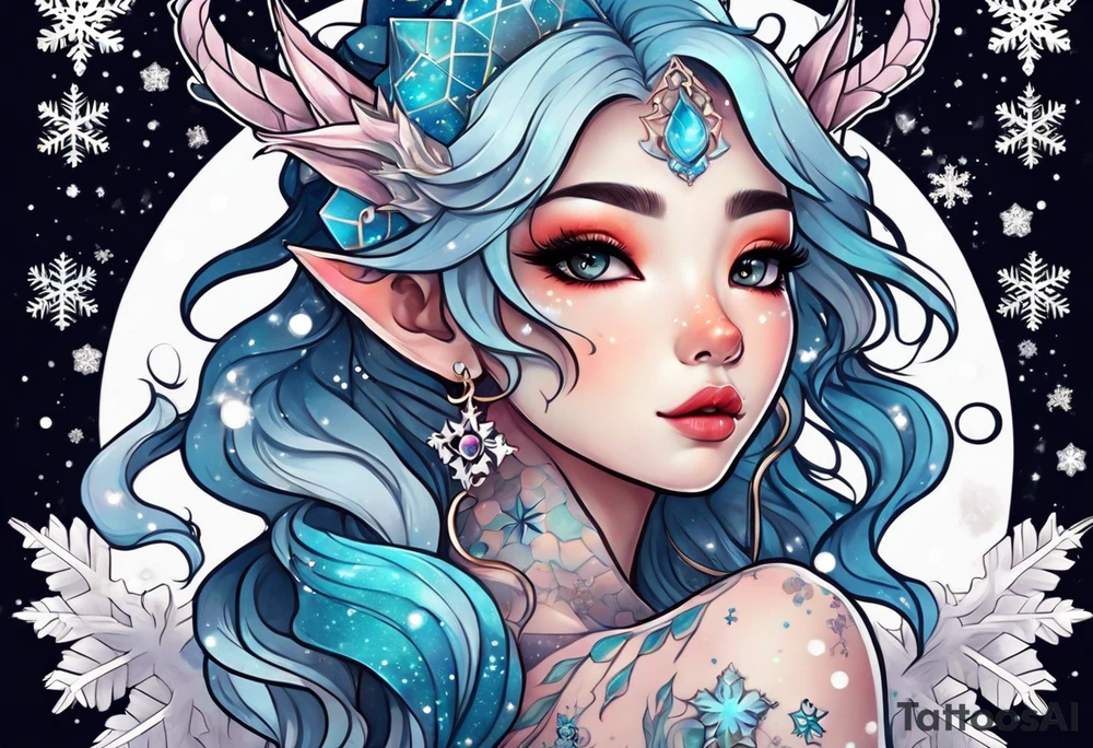 Constellation, kawaii dragon girl , snowflake tattoo idea