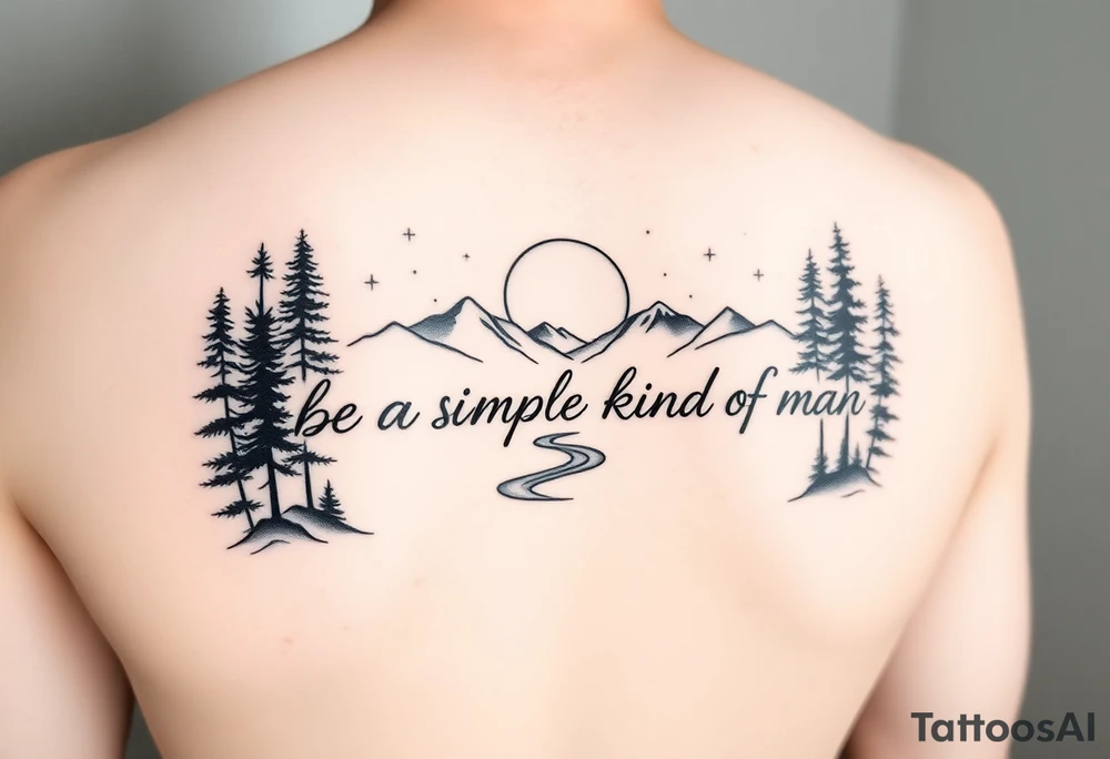 A minimalist tattoo with the words ‘Be a Simple Kind of Man’ in handwritten script, framed by pine trees, mountains, and a rising sun. Evokes peaceful strength and humility. Fine line blackwork for the forearm. Add a sliver of a moon and a river in the forefront. tattoo idea